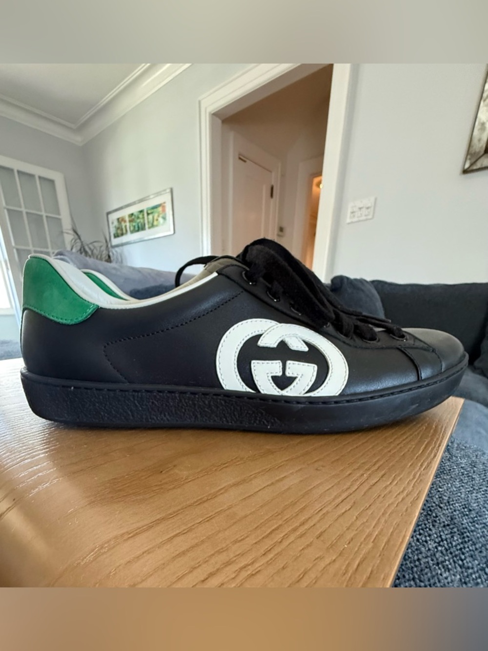 Gucci Black Leather Sneaker with White Interlocking G and Green Heel Tab